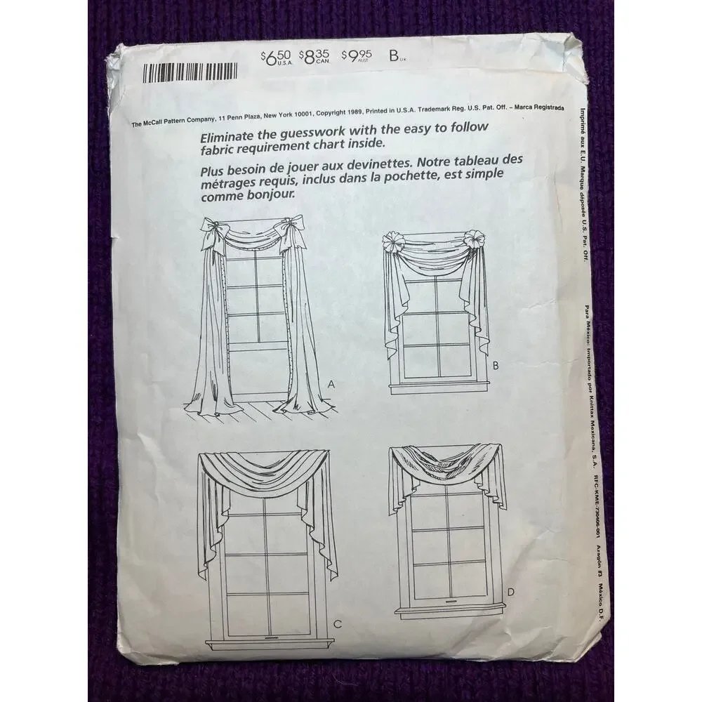 McCalls 4621 sewing pattern curtain window swag 1980s 1990s